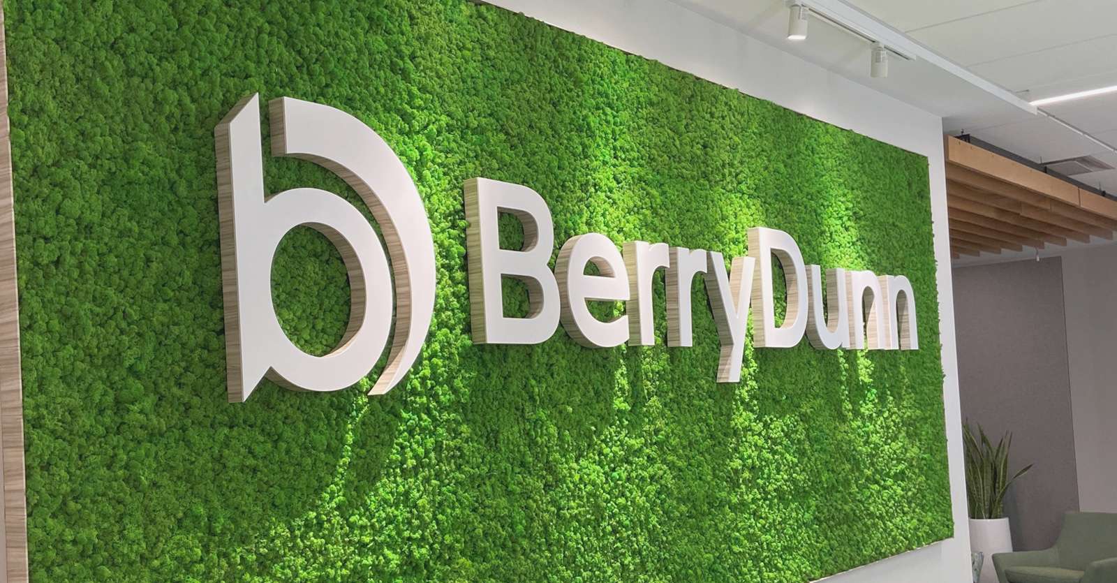 Parete in licheni stabilizzati con logo aziendale personalizzato a Roma