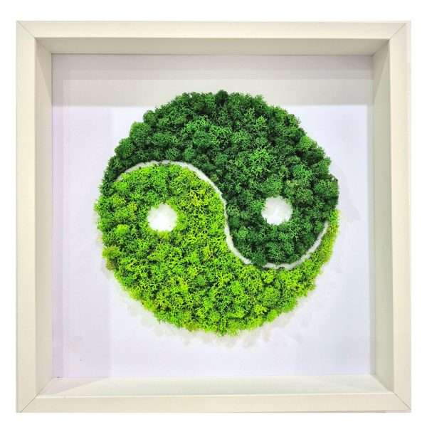 Quadro Yin Yang in licheni stabilizzati, 37x37 cm, design zen naturale